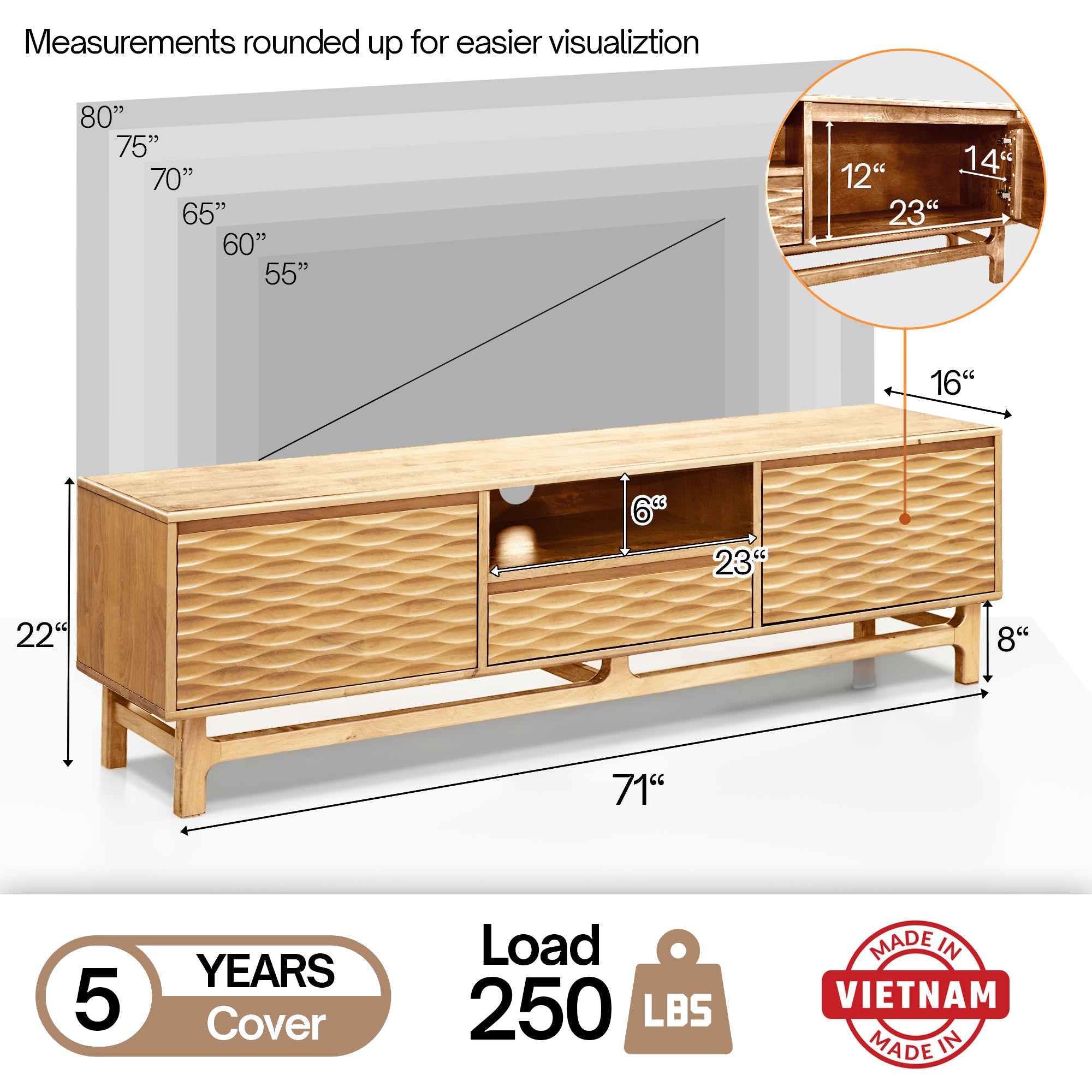 Acacia Elara Solid Wood TV Stand with Storage and Cable Management for TVs up to 80"
