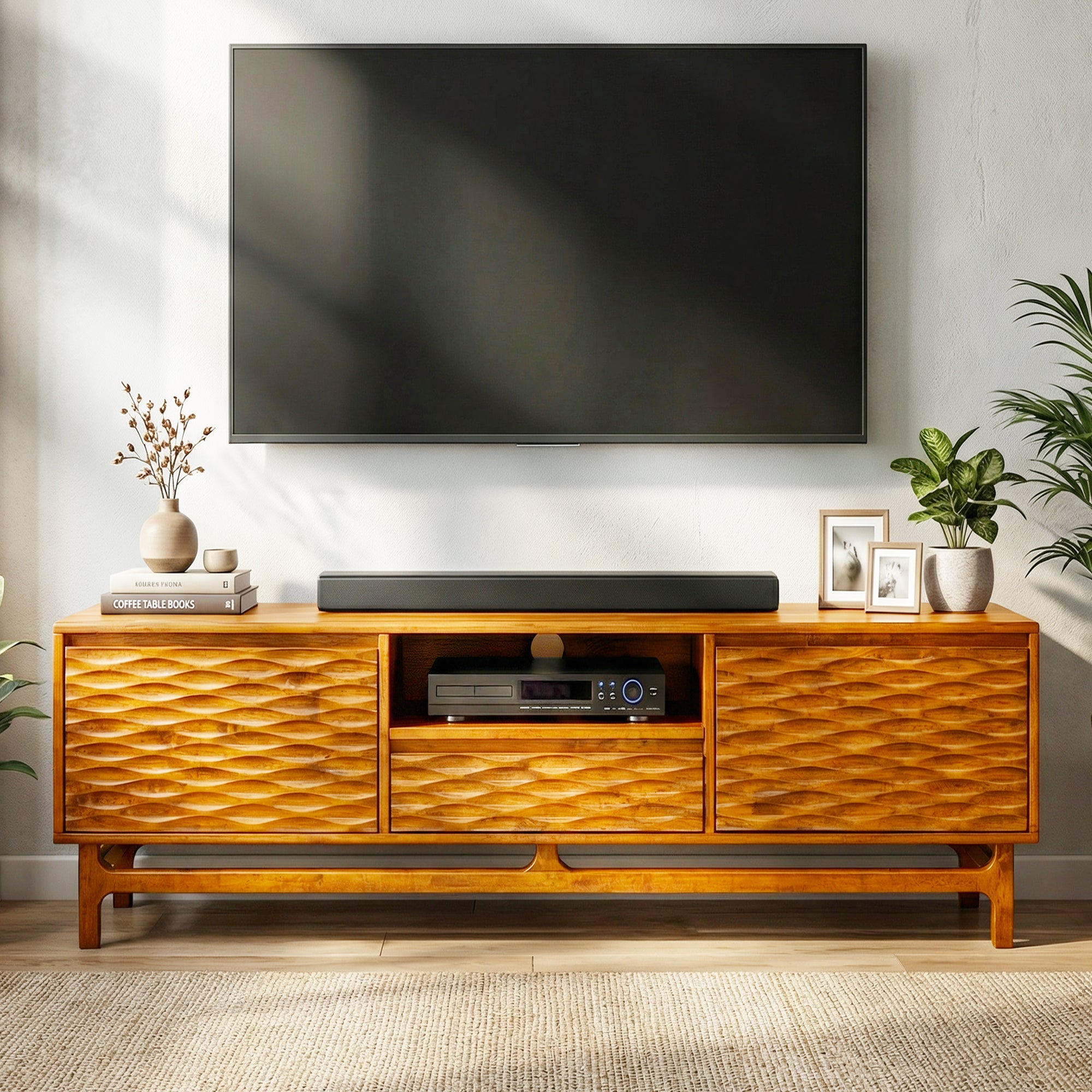 Acacia Elara Solid Wood TV Stand with Storage and Cable Management for TVs up to 80"