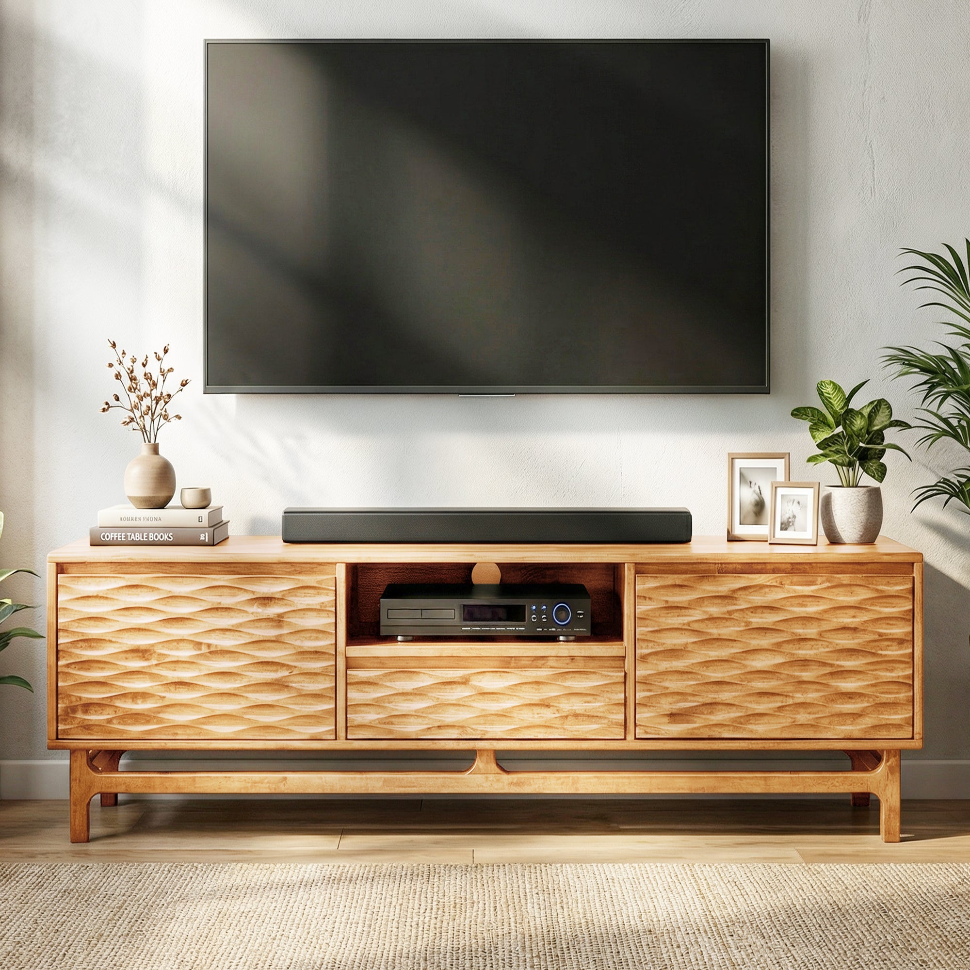 Acacia Elara Solid Wood TV Stand with Storage and Cable Management for TVs up to 80"
