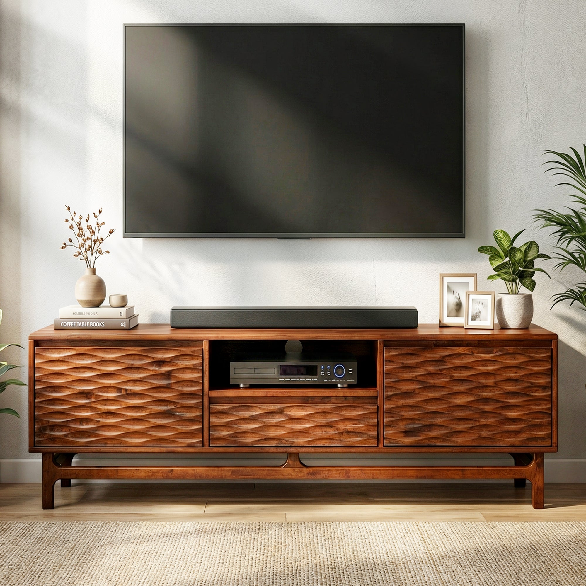 Acacia Elara Solid Wood TV Stand with Storage and Cable Management for TVs up to 80"